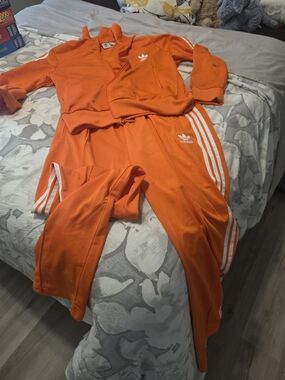 Adidas Orange Three-Stripe Track Jacket & Pants Set